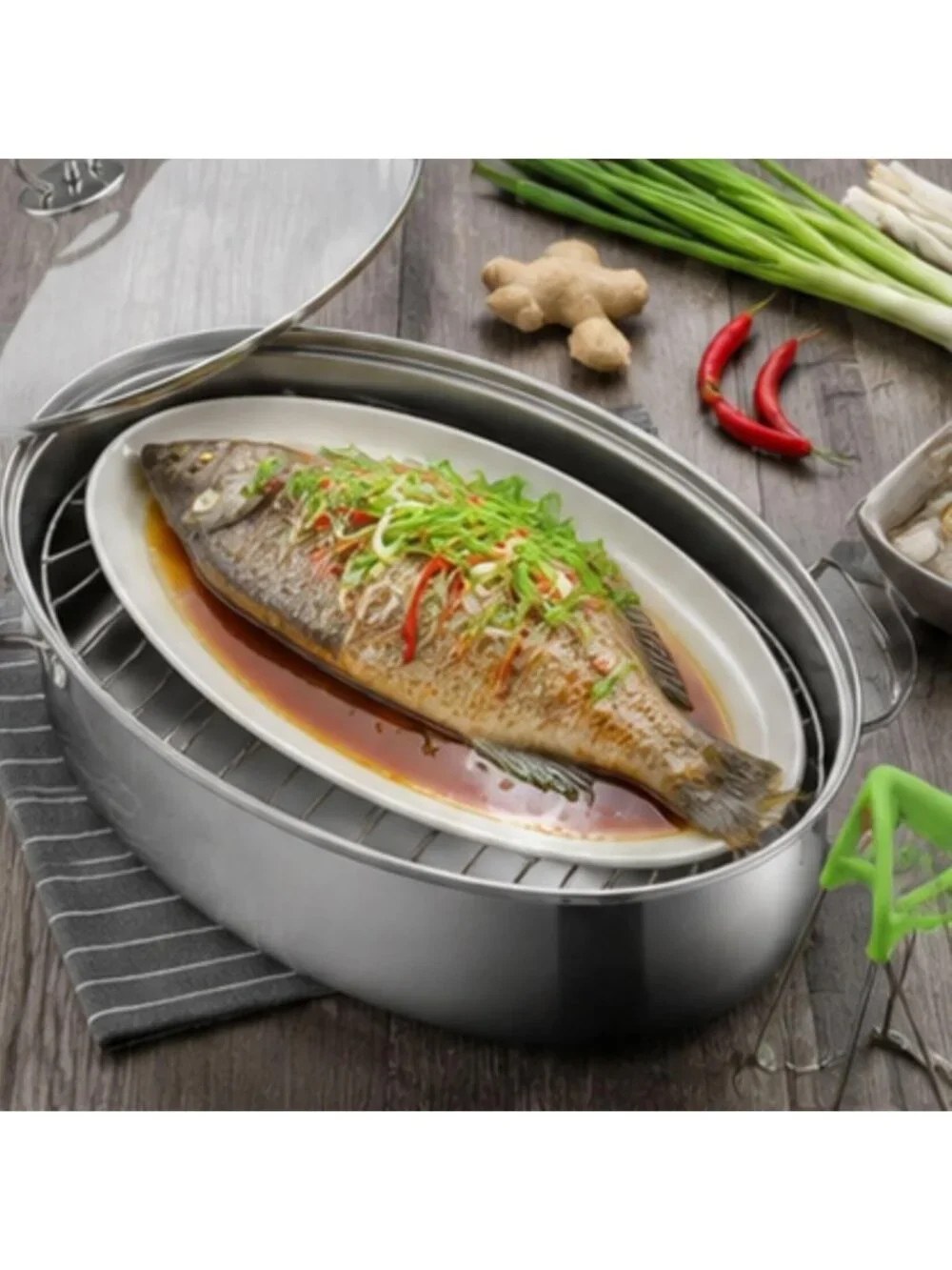 Multi-Use Stainless Steel Fish Steamer Set with Glass Lid & Ceramic Plate